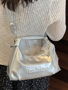 Silver oil wax leather handbag for women featuring fashion embossing and lace pearl charms