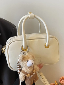 Trendy Women PU Leather Shoulder Bag Large Capacity Top Handle Bag With Plush Bear Pendant For Summer Daily Office Urban Minimalist Handbag
