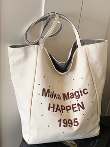 Women Casual Canvas Tote Bag Large Capacity Letter Print Stripe Shoulder Bag Student School Bag Fashion Shopping Bag