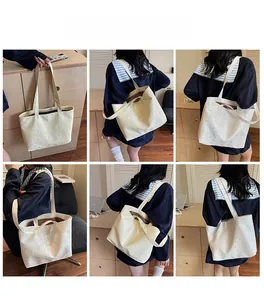 Detailed views of a large cream tote bag showing shoulder straps and brown inner lining