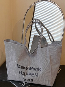 Large striped canvas tote bag with Make Magic HAPPEN print for casual daily fashion