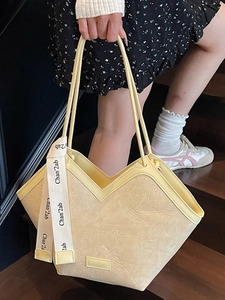 Retro large capacity tote bag with yellow crinkled texture and V-shaped opening design