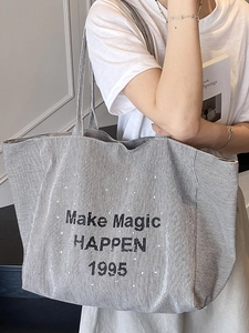 Large capacity striped canvas tote bag with Make Magic HAPPEN 1995 print and star patterns