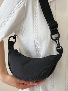 2025 Large black nylon crescent crossbody bag with adjustable wide fabric shoulder strap