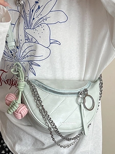 Mint green rhombic saddle bag with silver chain and woven charm for summer fashion