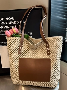 Large Capacity Straw Woven Tote Bag For Women Casual Hollow Weave Shoulder Bag With Artificial Leather Patch Vacation Handbag