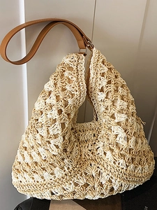 Women Crochet Straw Woven Tote Bag Hollow Out Large Capacity Summer Beach Shoulder Bag Bohemian Style Travel Casual Hobo Bag
