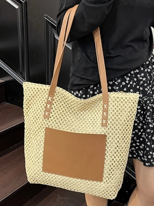 Large capacity woven straw tote bag with brown leather patch for beach and summer travel