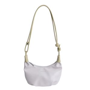 Chic purple crescent hobo bag with green knotted rope shoulder strap and FASHION & BAG print
