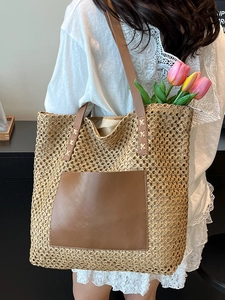 Large capacity straw tote bag with brown leather pocket for beach vacation and daily use
