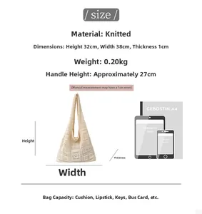 Detailed size specifications and dimensions for the beige knitted hollow tote bag