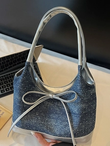 Borsa Sottobraccio in Denim con Fiocco da Donna Borsa a Secchiello con Giunzione di Strass Borsa a Tracolla Casual Tote per Ragazze Pendolare Quotidiano Stile Coreano