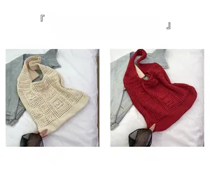 Detail of hollow knitted tote bag in cream and red showing the woven crochet texture