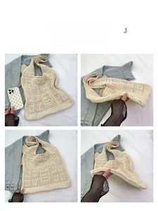 Multi-angle views of a cream crochet tote bag with hollow square patterns