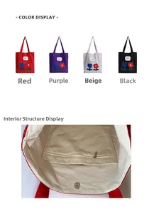 Detail view of canvas tote bag showing interior zipper pocket and magnetic buckle closure