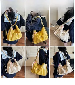 Detail shots showing pleated yellow and beige tote bags with heart charm in multiple views