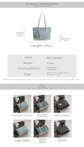 Detailed size specifications and material info for denim and PU patchwork tote bag