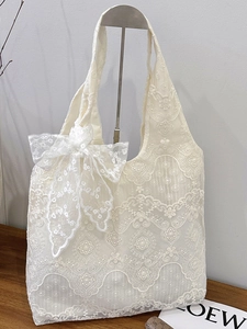 Women French Vintage Lace Floral Tote Bag Large Capacity Shoulder Handbag With Bow Decor Sweet Elegant Lady Shopping Bag