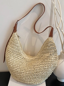 Large Capacity Straw Woven Shoulder Bag For Women Summer Beach Vacation Elegant Minimalist Hobo Bag With Zipper Closure