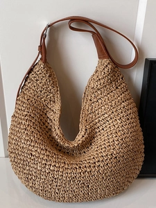 Elegant semi-circle straw shoulder bag with brown leather strap for summer beach holidays