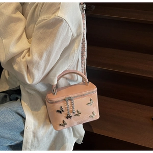 Detail of pink box crossbody bag featuring silver butterfly accents and chain strap