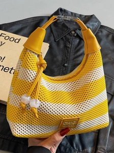 Hobo style striped knit shoulder bag with yellow leather trim and chic logo accent