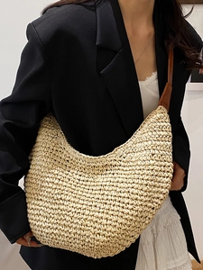 Large capacity straw shoulder bag with leather straps for beach holidays and casual wear