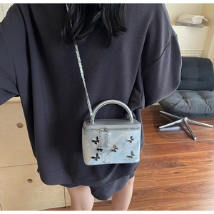 Detail of silver box bag with metallic butterfly motifs and chain shoulder strap