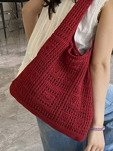 Deep red crochet woven tote bag for women with large capacity summer beach style