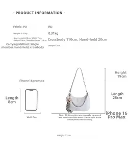 Size comparison of white PU leather shoulder bag with iPhone for scale and dimensions