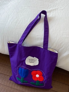 Purple nylon tote bag with floral embroidery and ruffle patch for women's summer fashion
