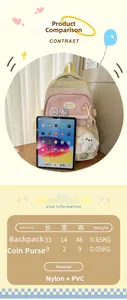 Size guide for nylon school backpack 33x14x46cm and small purse with PVC detail