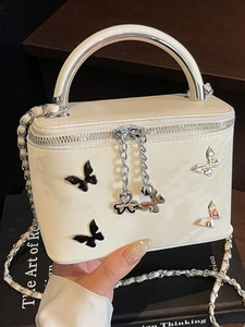 Butterfly Decoration Box Bag For Women Metallic Handle Interwoven Chain Shoulder Strap Small PU Leather Handbag For Daily Party
