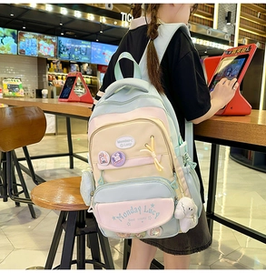 Detail view of pastel-toned multi-pocket student backpack with cute badges and keychains