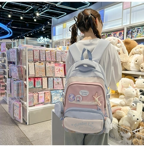 Detail of multi-pocket school backpack in pastel blue and pink with cute badges