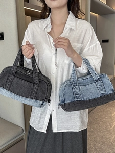 Retro denim boston handbag with patchwork contrast blue fabric and silver zipper