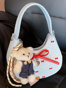 Fashion PU Leather Crescent Shoulder Bag For Women Sweet Bowknot Heart Print Crossbody Handbag With Plush Bear Charm Y2K Hobo Bag