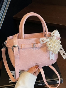 Vintage Pleated PU Leather Shoulder Bag For Women Fashion Crossbody Handbag With Artificial Pearl Bow Charm Korean Style