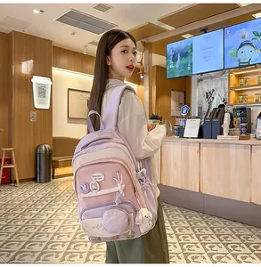 Detail of multi-pocket school backpack with cute animal badges and plush dog charm