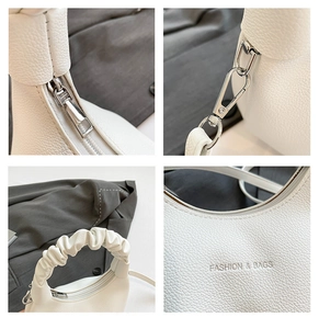 Detailed views of white crescent bag featuring lychee texture and silver hardware details