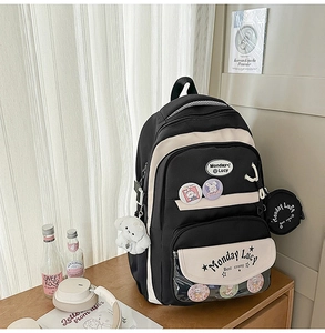 Detail view of large capacity school backpack with transparent layer and cute badges
