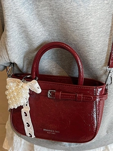 Retro burgundy faux leather crossbody bag with lace bow and pearl charm accents