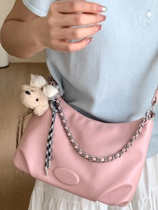 Pink PU leather tote bag with silver chain, shoulder strap and cute bear charm pendant