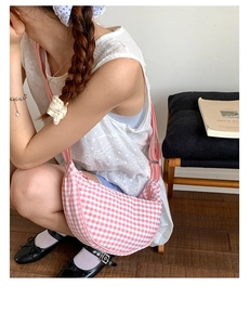 Detailed shot of pink checkered dumpling bag with stylish striped shoulder strap