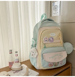 Detail of multi-color school backpack with macaron tones and cute rabbit badges