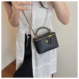 Detail of black ostrich embossed vanity bag with gold chain strap and metal handle