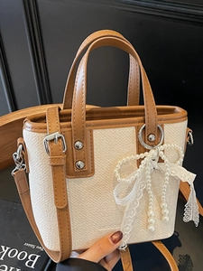 Elegante Damen Beuteltasche Aus PU Leder Und Canvas Mit Künstliche Perlen Schleife Süße Modische Umhängetasche Für Den Alltag