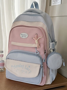 Pink and blue patchwork school backpack with multi-pocket design and round coin purse