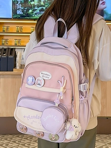 Pink and purple multi-pocket school backpack for girls with cute plush puppy keychain