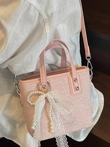Rosafarbene Glitzer-Eimertasche mit Perlen- und Spitzenschleifendekor für Damen